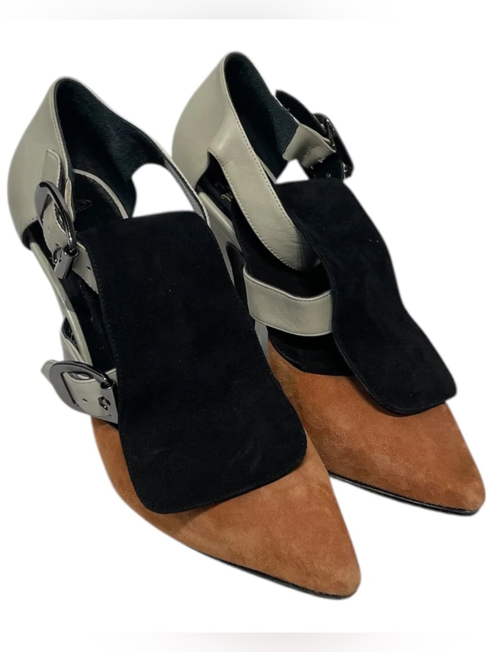 Women’s Pointed Toe Suede Buckle Heels in Black, Brown & Gray